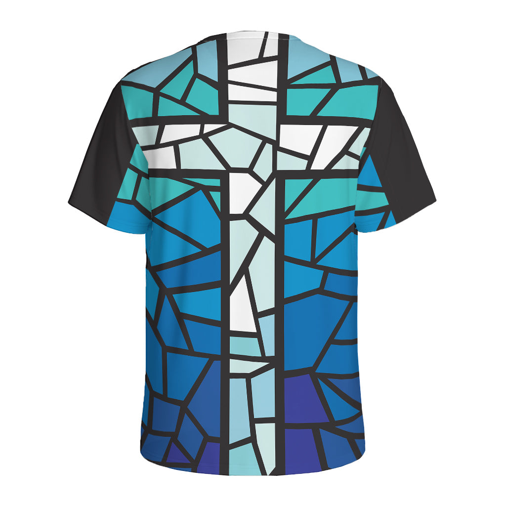 Blue Stained Glass Cross Print Men's Sports T-Shirt