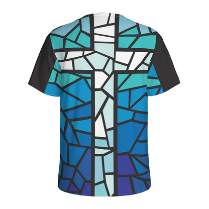 Blue Stained Glass Cross Print Men's Sports T-Shirt