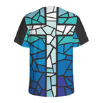 Blue Stained Glass Cross Print Men's Sports T-Shirt