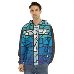 Blue Stained Glass Cross Print Men's Velvet Pullover Hoodie