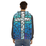 Blue Stained Glass Cross Print Men's Velvet Pullover Hoodie