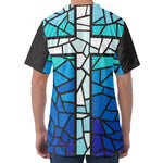 Blue Stained Glass Cross Print Men's Velvet T-Shirt