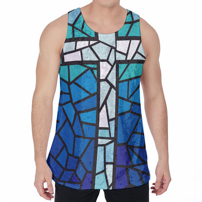Blue Stained Glass Cross Print Men's Velvet Tank Top
