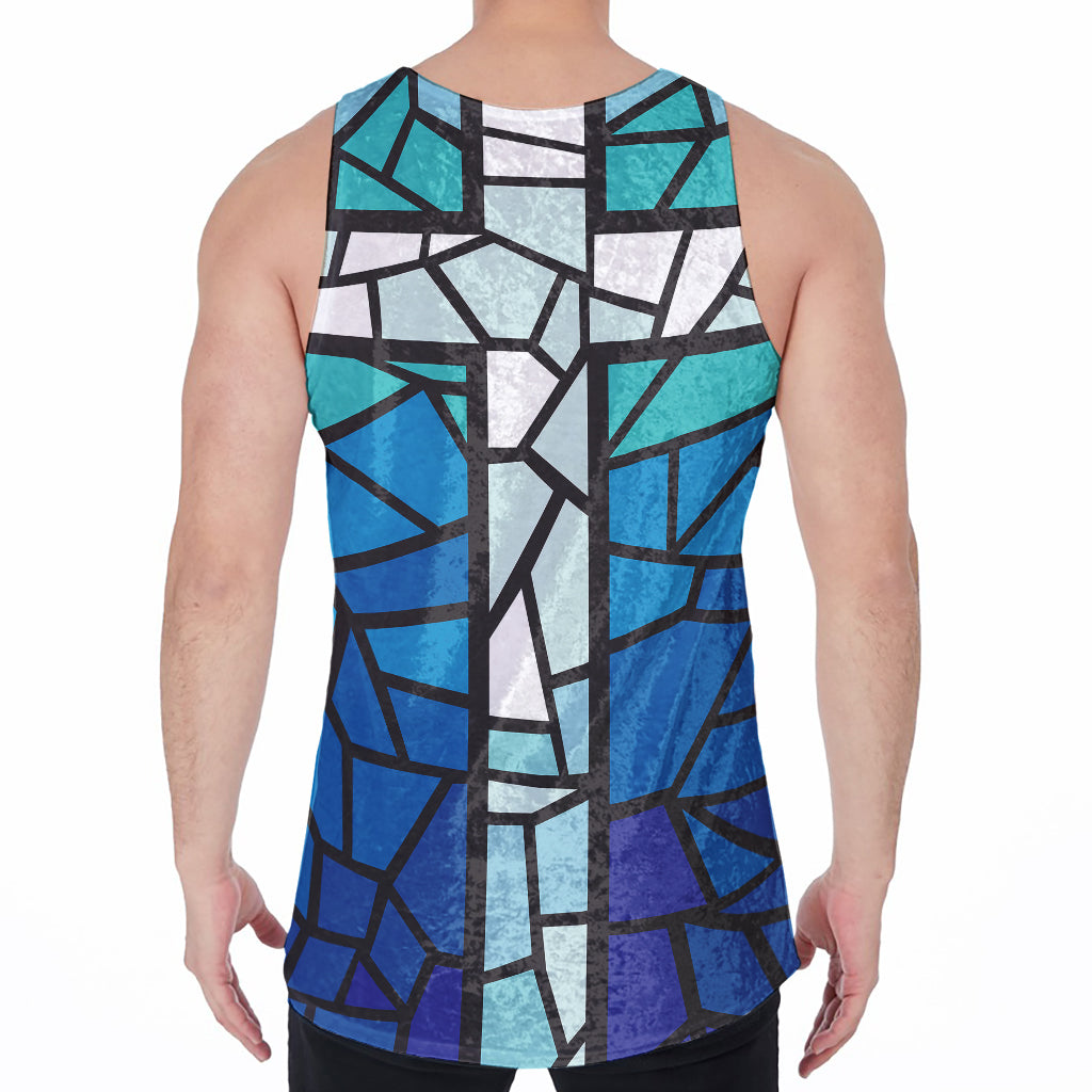 Blue Stained Glass Cross Print Men's Velvet Tank Top