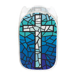 Blue Stained Glass Cross Print Mesh Laundry Hamper