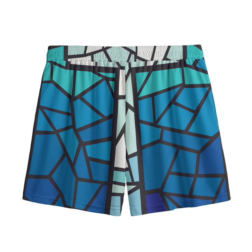 Blue Stained Glass Cross Print Mesh Shorts