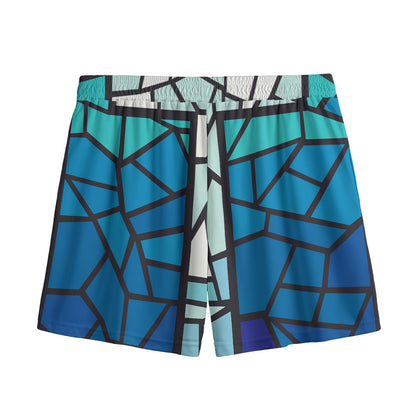 Blue Stained Glass Cross Print Mesh Shorts