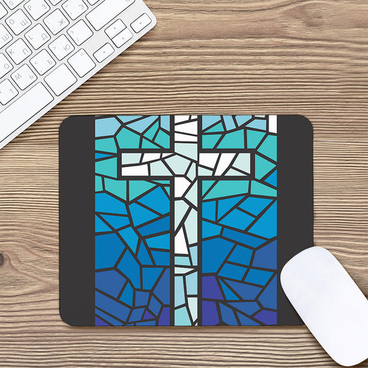 Blue Stained Glass Cross Print Mouse Pad