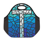 Blue Stained Glass Cross Print Neoprene Lunch Bag