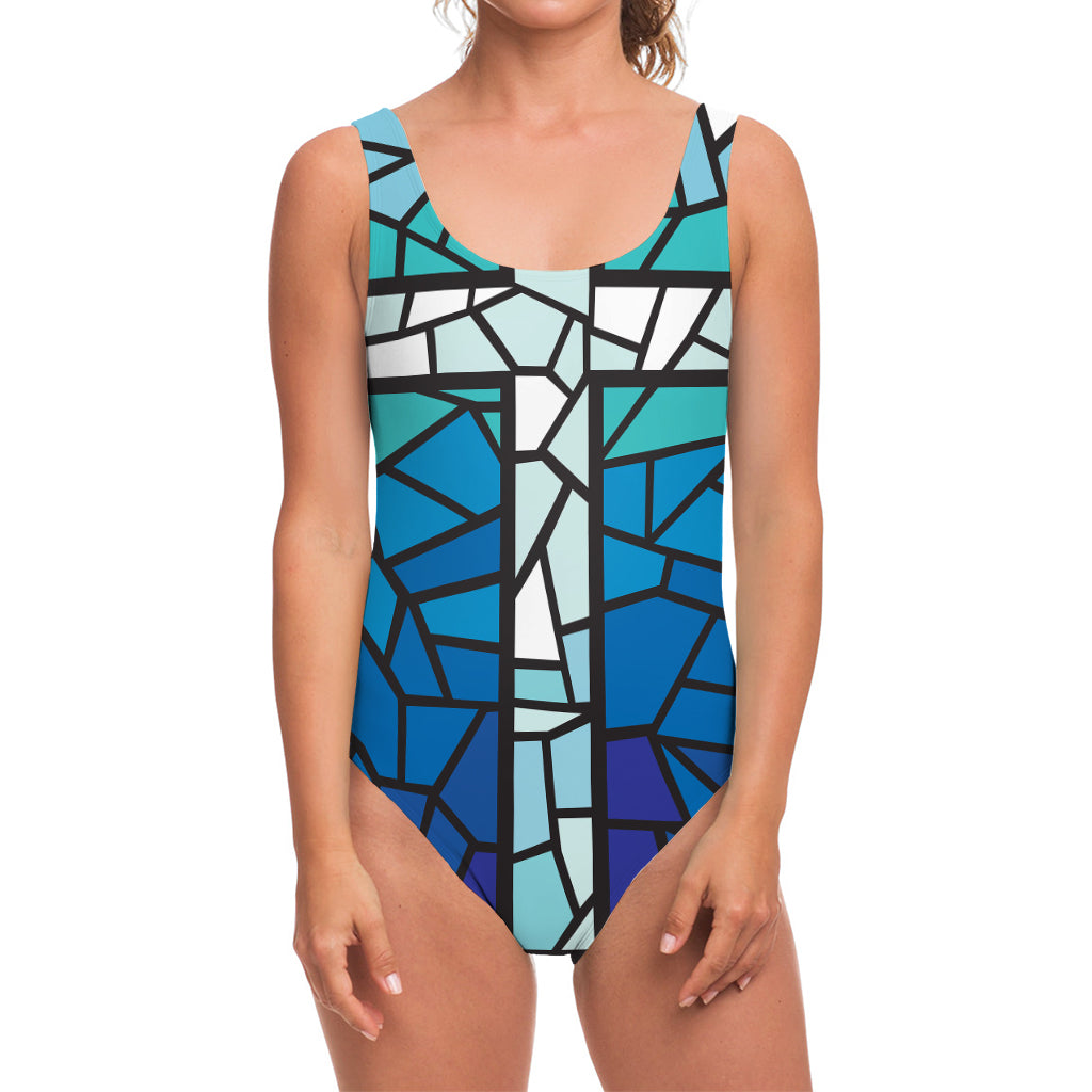 Blue Stained Glass Cross Print One Piece Swimsuit