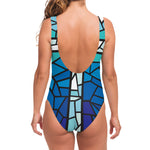 Blue Stained Glass Cross Print One Piece Swimsuit