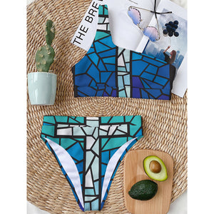 Blue Stained Glass Cross Print One Shoulder Bikini Top