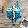 Blue Stained Glass Cross Print One Shoulder Bodysuit