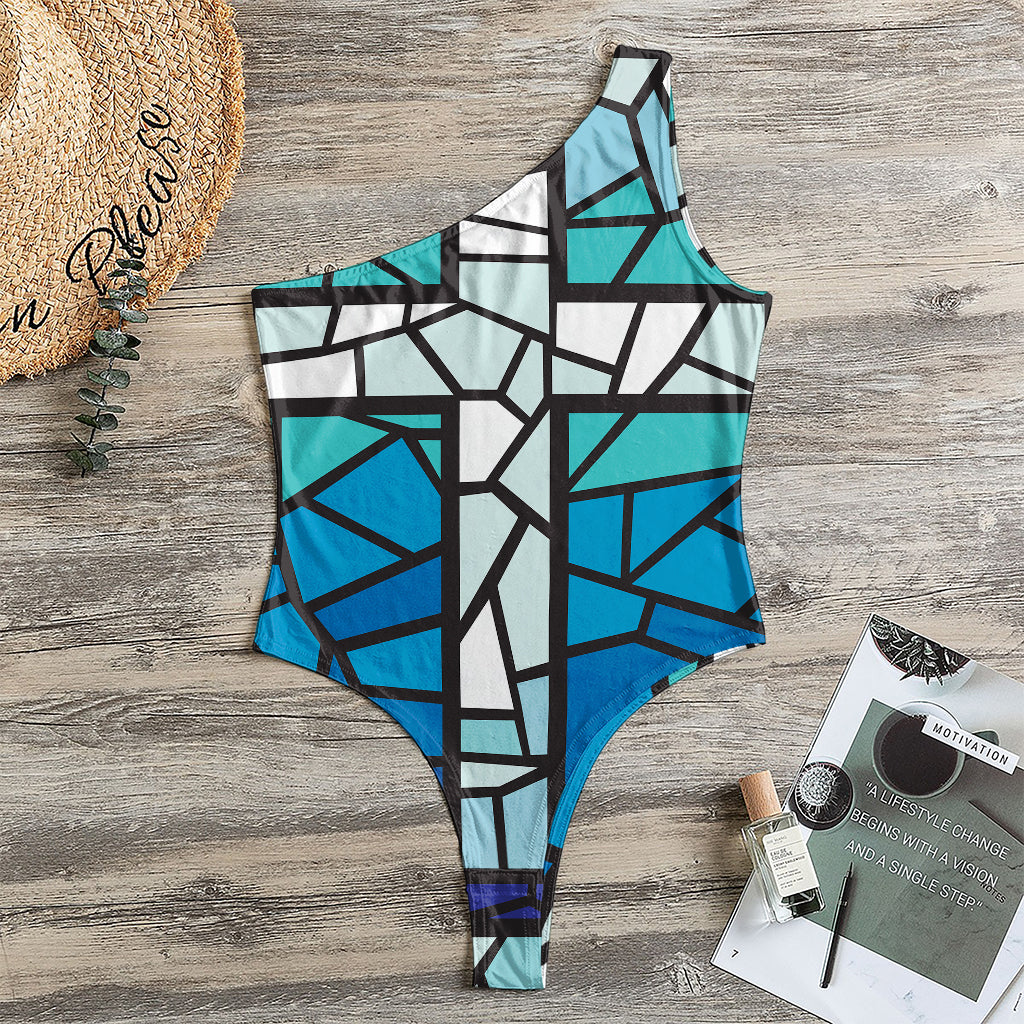 Blue Stained Glass Cross Print One Shoulder Bodysuit