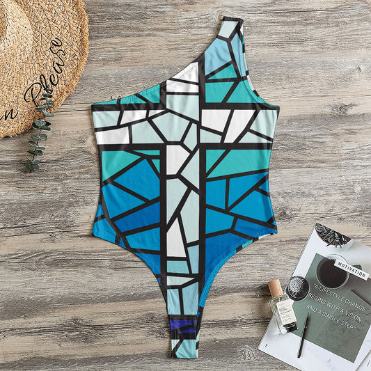 Blue Stained Glass Cross Print One Shoulder Bodysuit
