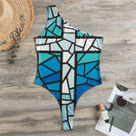 Blue Stained Glass Cross Print One Shoulder Bodysuit