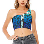 Blue Stained Glass Cross Print One Shoulder Crop Top