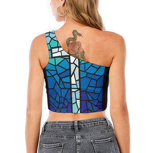 Blue Stained Glass Cross Print One Shoulder Crop Top