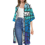 Blue Stained Glass Cross Print Open Front Beach Cover Up