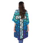 Blue Stained Glass Cross Print Open Front Beach Cover Up