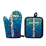 Blue Stained Glass Cross Print Oven Mitt And Pot Holder Set