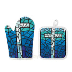 Blue Stained Glass Cross Print Oven Mitt And Pot Holder Set