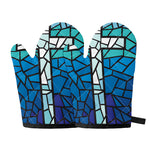 Blue Stained Glass Cross Print Oven Mitts