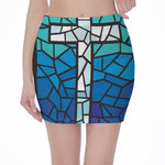 Blue Stained Glass Cross Print Pencil Mini Skirt