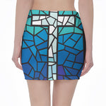 Blue Stained Glass Cross Print Pencil Mini Skirt