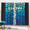 Blue Stained Glass Cross Print Pencil Pleat Curtains