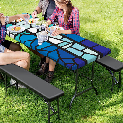 Blue Stained Glass Cross Print Picnic Table Cover