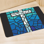 Blue Stained Glass Cross Print Polyester Doormat