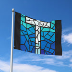Blue Stained Glass Cross Print Polyester Flag