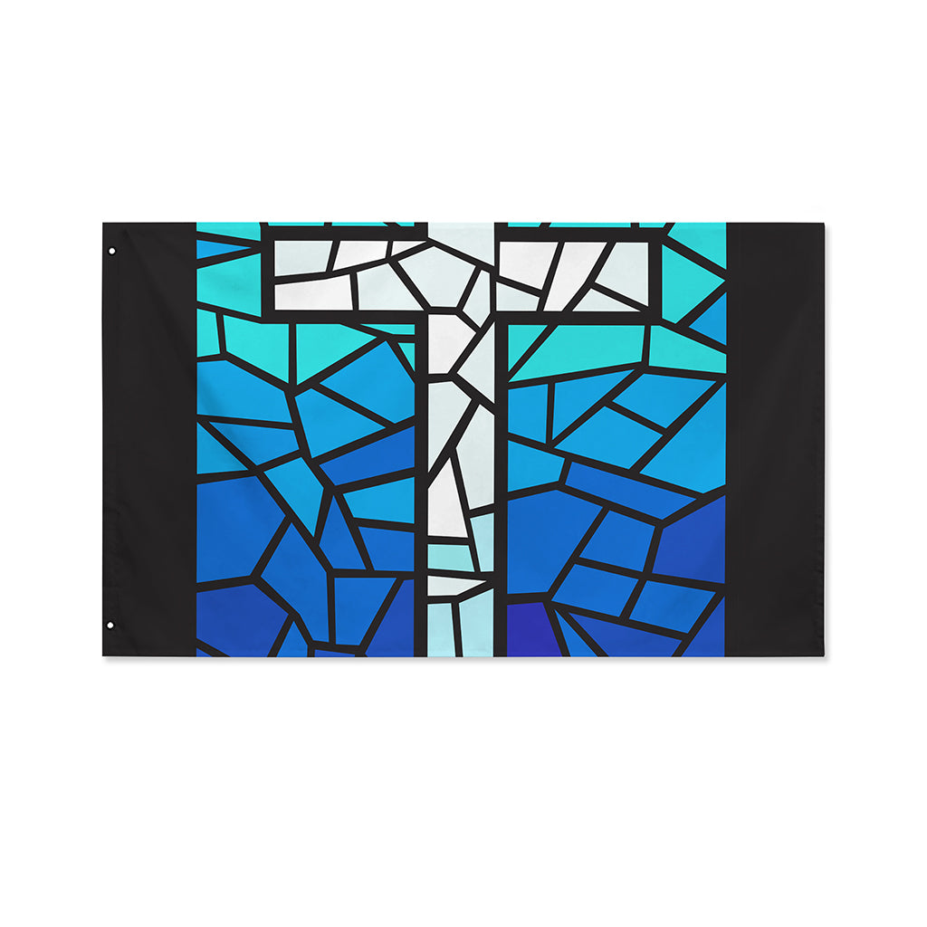 Blue Stained Glass Cross Print Polyester Flag