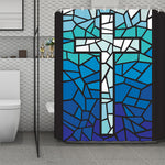 Blue Stained Glass Cross Print Polyester Shower Curtain