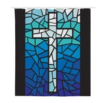 Blue Stained Glass Cross Print Polyester Shower Curtain