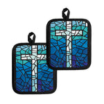 Blue Stained Glass Cross Print Pot Holders