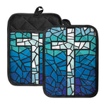 Blue Stained Glass Cross Print Pot Holders With Pocket