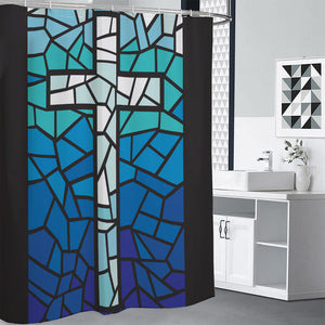 Blue Stained Glass Cross Print Premium Shower Curtain