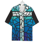 Blue Stained Glass Cross Print Rayon Hawaiian Shirt