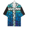 Blue Stained Glass Cross Print Rayon Hawaiian Shirt