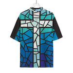 Blue Stained Glass Cross Print Rayon Hawaiian Shirt