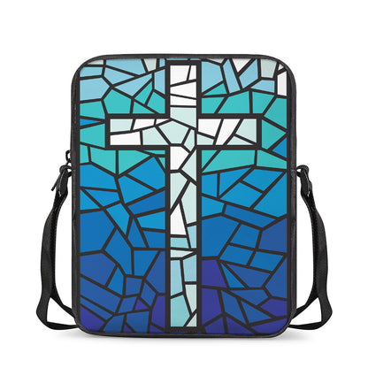 Blue Stained Glass Cross Print Rectangular Crossbody Bag