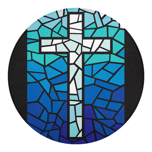 Blue Stained Glass Cross Print Round Blanket