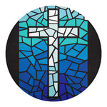 Blue Stained Glass Cross Print Round Blanket