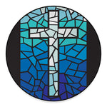 Blue Stained Glass Cross Print Round Floor Mat