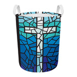 Blue Stained Glass Cross Print Round Laundry Basket