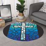 Blue Stained Glass Cross Print Round Rug