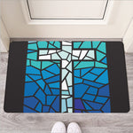 Blue Stained Glass Cross Print Rubber Doormat