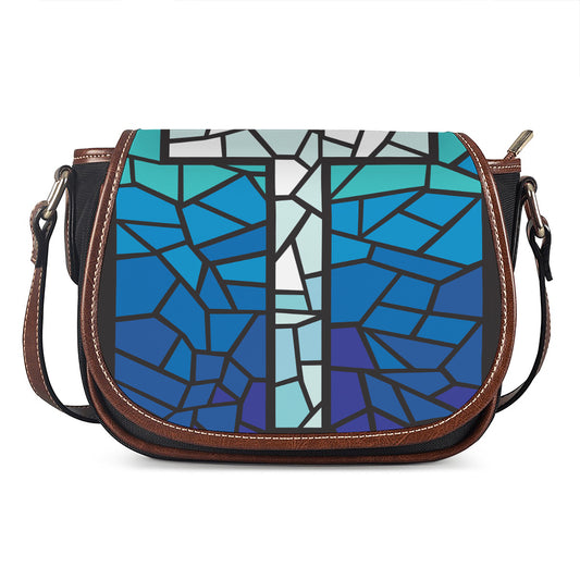 Blue Stained Glass Cross Print Saddle Bag